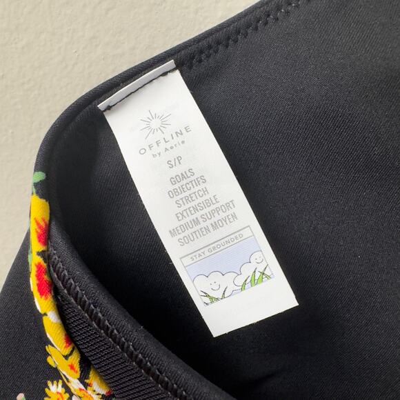 Aerie Offline Goals Plunge Sports Bra True Black Floral Mesh Back Strappy Active - Picture 12 of 15